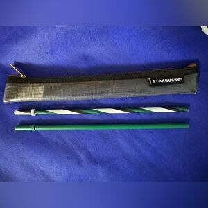 Starbucks iconic colors Green and Striped Reusable Straws with bag — Like New